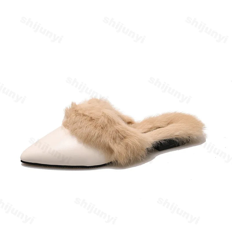 Lunivop New Winter Warm Fur Plush Women Slippers Fashion Furry Plaid Shoes Pointed Toe Flat Heel Hair Slides Zapatos De Mujer