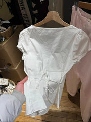 Lunivop  White Lace Trim Short Puff Sleeve Tees Women Summer Cotton Back Lace-up Square Collar T-shirt Blouse Sweet Cute Casual Crop Top