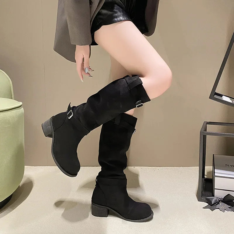 Lunivop New Fashion Suede Women Western Cowgirl Boots Designer Buckle Slip on Long Boots Square Thick Heels Cowboy Boots Female Shoes