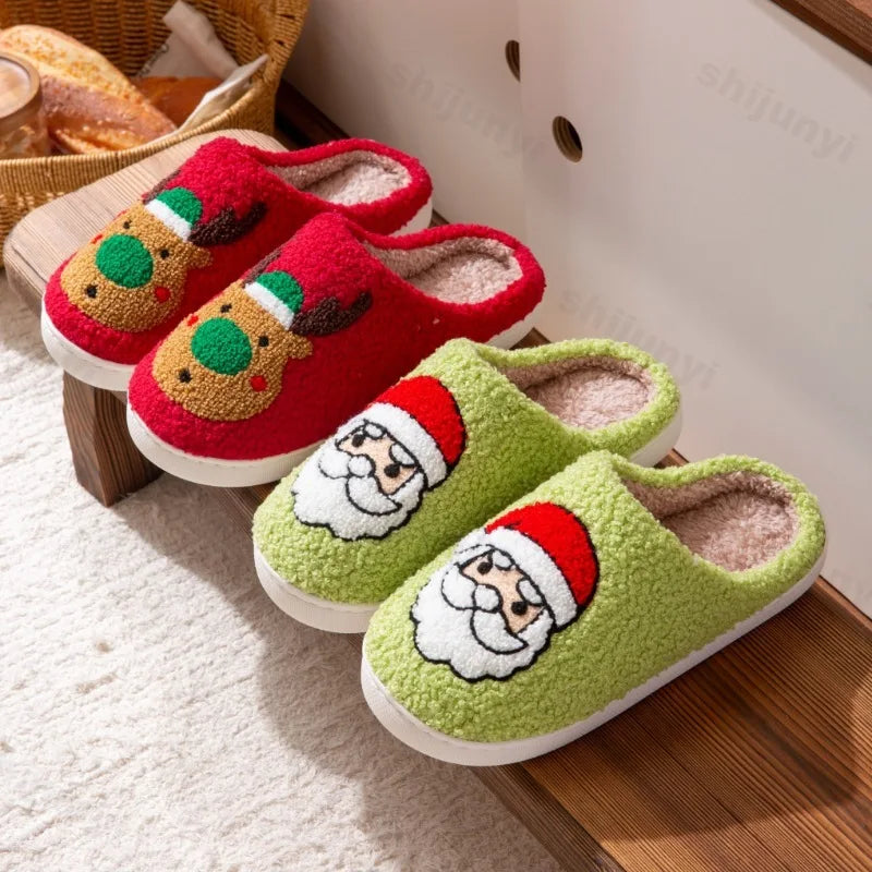 Lunivop New Christmas Elk Cotton Slippers for Women Men Winter Cute Cartoon Home Non Slip Couple Floor Slides Indoor Plush Shoes