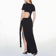 Lunivop  Hottie Short-sleeved Round Collar Bodycon Hollow Off-waist Solid Color Asymmetric Maxi Split Dresses Hipster Sexy Y2K Streetwear