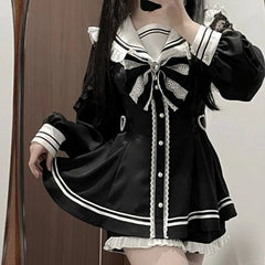 Lunivop  Japanese Style Gothic Y2k Lolita Bow Dress Shorts Set Women Vintage Sweet Long Sleeve Button Shirt Party Dresses Slim Mini Dress