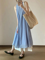 Lunivop  Women Beach Sweet Long Skirt Casual Loose O Neck Elegant Patchwork Dress Vintage Korean Summer Design Lady Retro Blue Dress
