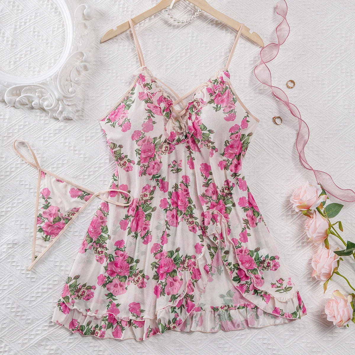 Lunivop  Spicy Floral Print Sheer Cami Nightdress