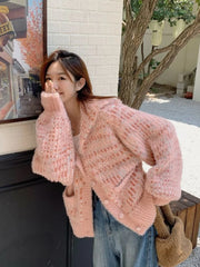 Lunivop Mohair Sweet Pink Cardigan Sweater Women Elegant Lazy Wind Chic Knitted Coat Loose Long Sleeve Fashion High Quality Tops