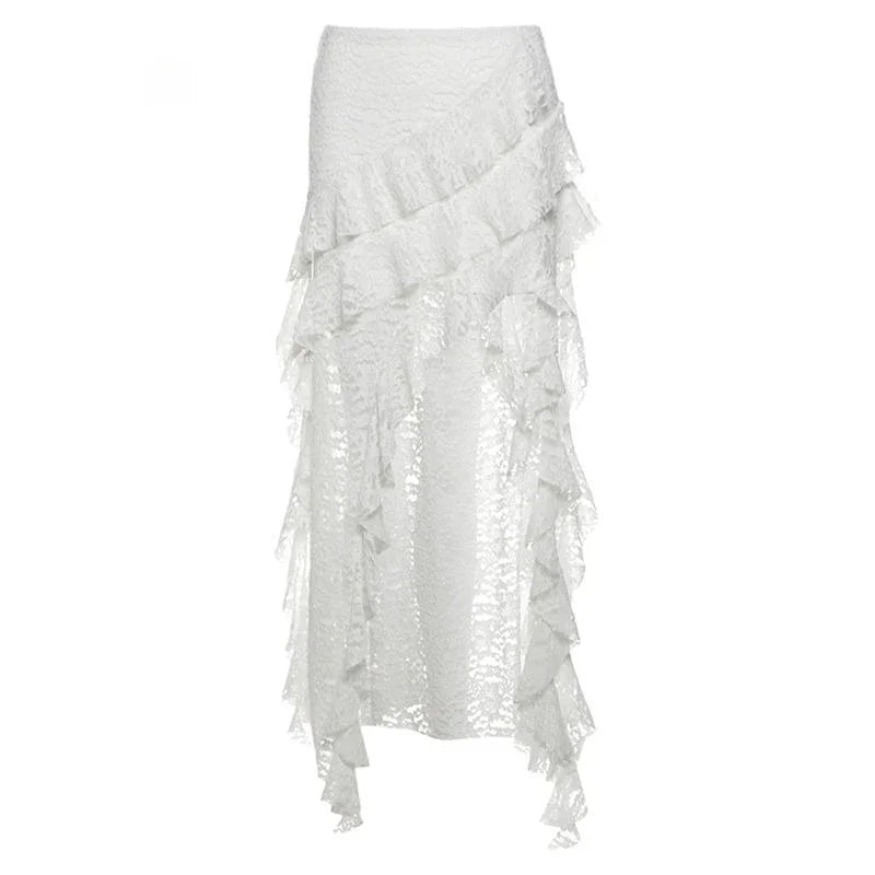 Lunivop  Deeptown Elegant Tulle Ruffle Skirt Women Boho Lace Vintage White Irregular Skirt Korean Style Summer Layered Mid Skirts Street