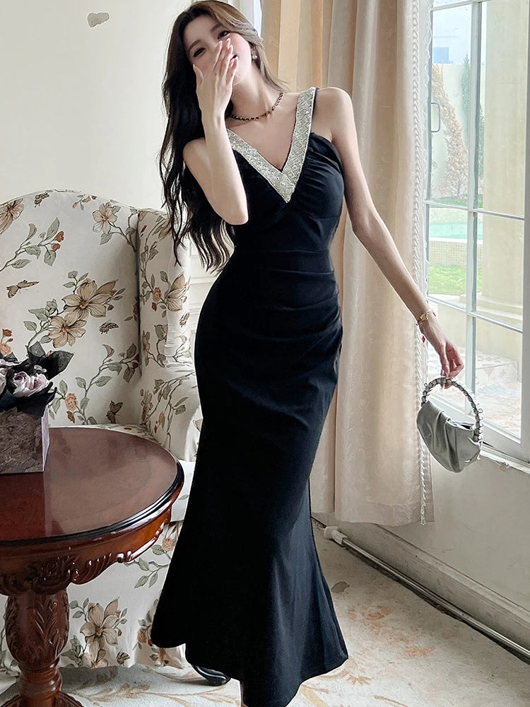 Lunivop  Women Korean Vintage Hepburn Luxury Mermaid Dress Summer Black Patchwork White Diamonds Sling Dress 2025 Elegant Bodycon Dresses