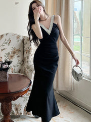 Lunivop  Women Korean Vintage Hepburn Luxury Mermaid Dress Summer Black Patchwork White Diamonds Sling Dress 2025 Elegant Bodycon Dresses
