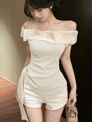Lunivop  Sexy Off Shoulder Slim T Shirt Women Elegant Fashion Slash Neck Sweet Tees Korean Lace Up Design Irregular Butterfly Tops