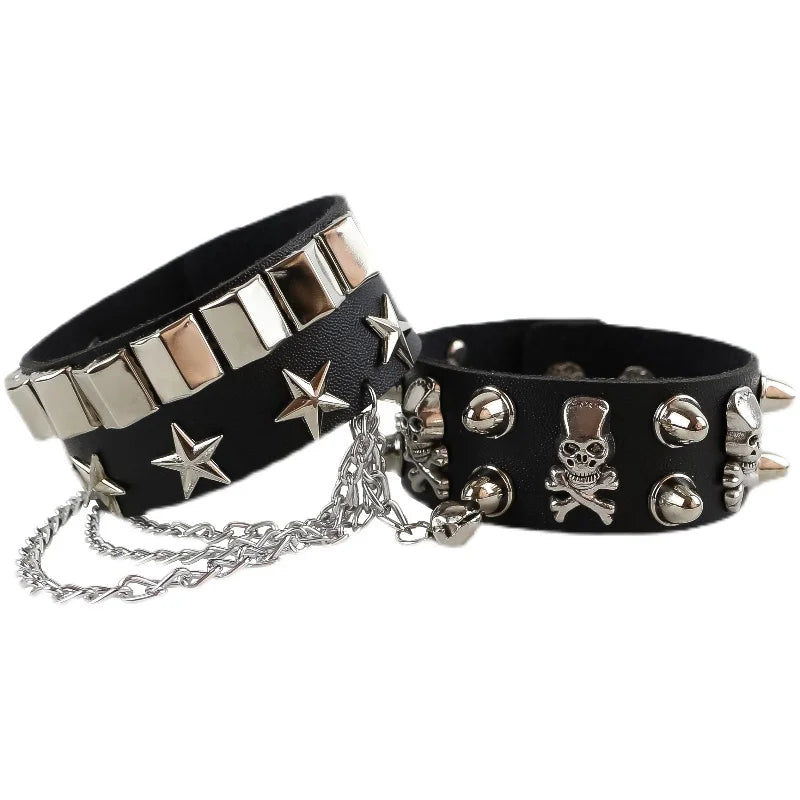 Lunivop Trend Punk Exquisite Chain Alloy Star Rivet Skull Bracelet for Women Multicolored PU Leather Bracelet Cool Hiphop Jewelry Gifts