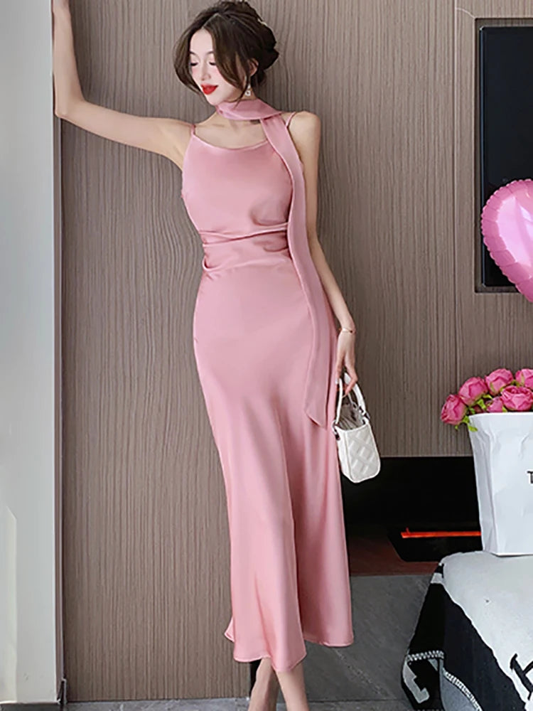 Lunivop  Pink Satin Luxury Evening Dresses Summer Fashion Bodycon Chic Sling Sexy Long Dress Gown Women Elegant Dance Party Dresses