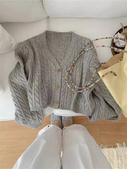 Lunivop Cozy Cable Knit Sweater Cardigan for Women V-neck Button Up Boxy Plain Crop Sweater Jacket Autumn Winter Teen-girl Y2k Outfit