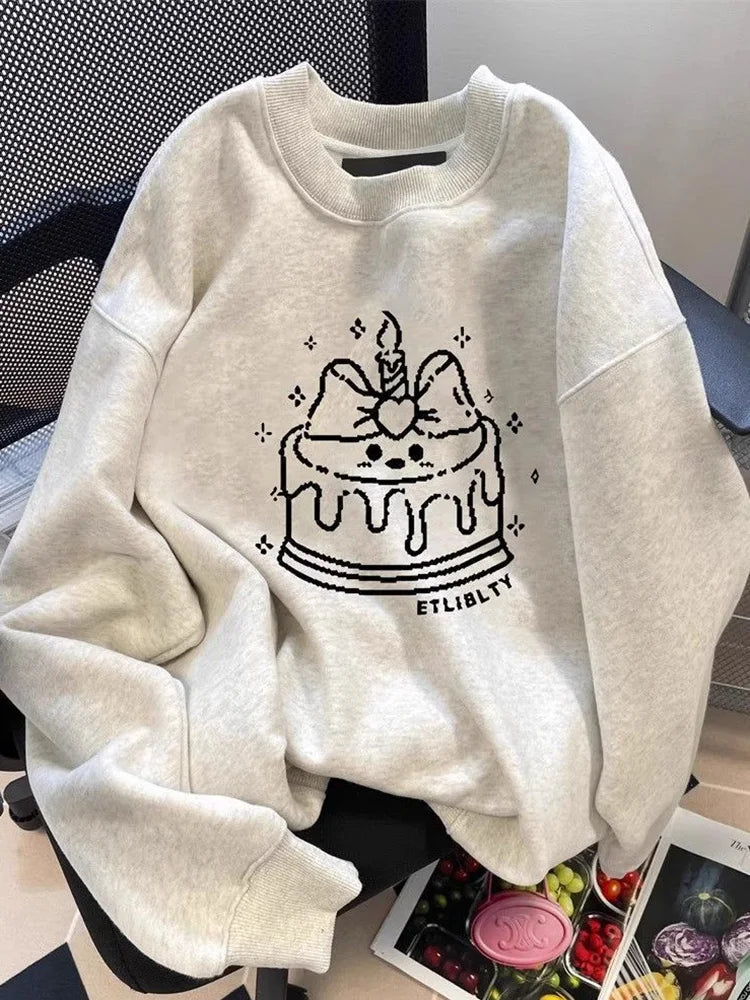 Lunivop Cute Cake Print Sweatshirt Women Long Sleeve Loose Japan Kawaii Pullovers Fall Preppy Style O Neck Vintage Casual Sweet New Tops