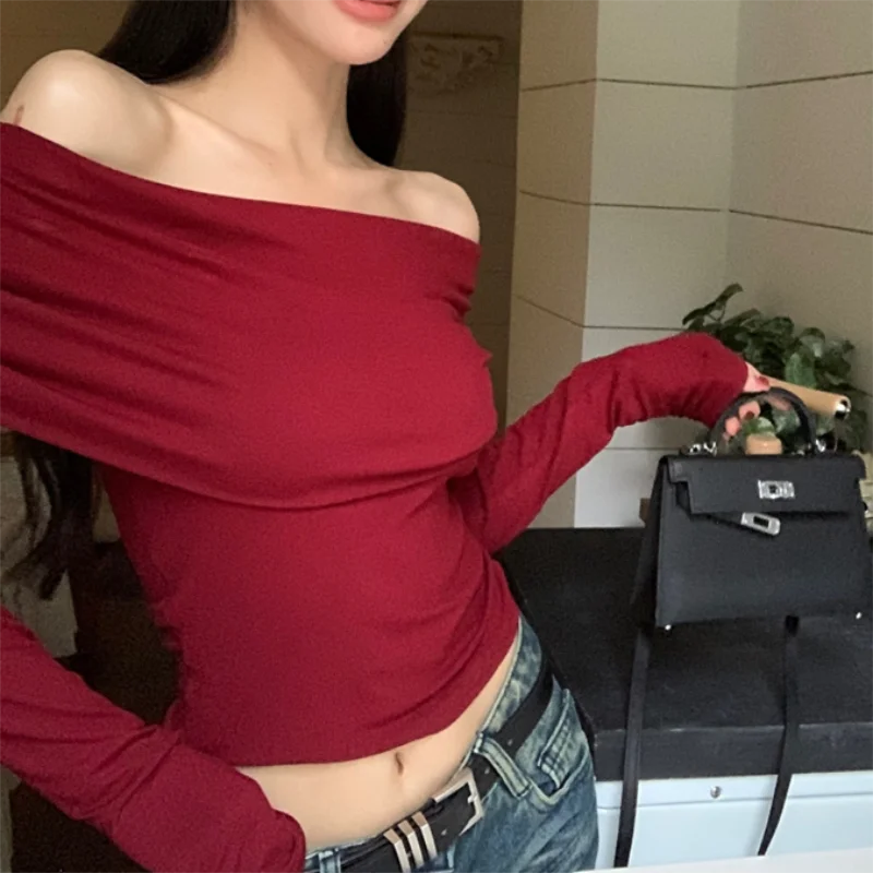 Lunivop Chic Women Sexy Off Shoulder T-shirt Winter Long Sleeve Slim Fit Crop Top Y2K Vintage Harajuku Black Tees Elegant Female Clothes