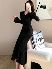 Lunivop  Autumn Winter Pink Lace Hook Flower Hollow Prom Vestidos Women Fashion Bodycon Party Dress and Events Korean Casual Dresses