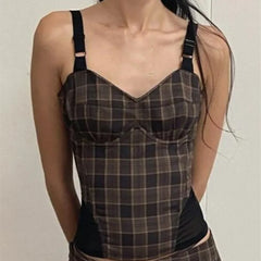 Lunivop  Sexy Ruched Wire Bra Coffee Plaid Camis Women Spliced Black Mesh Waist Back Zipper Crop Top Camisoles Bra Tank Vest