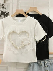 Lunivop  Sweet Love Cute T Shirt Women Casual Loose O Neck Mesh Patchwork Tees Vintage Kawaii Female Short Sleeve White Tops Summer