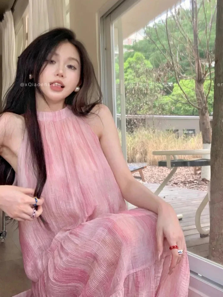 Lunivop  Pink Tie Dye Beach Long Dress Women Elegant Casual Sleeveless Sweet Tanks Dress Casual Vintage Summer Lady Loose Long Dress