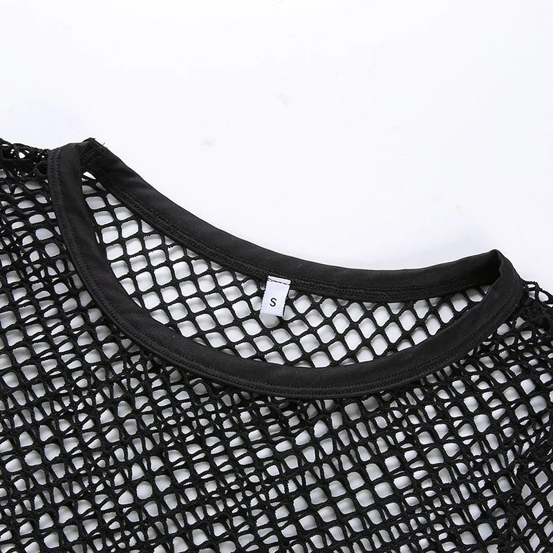 Lunivop  Black Loose Fishnet Holes T Shirt Street Style Bandage See Through Hollow Out Crop Top Women Harajuku Casual Summer Shirt