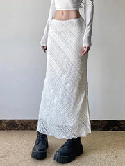 Lunivop  Elegant White Lace Long Skirt Women Vintage Slim Sexy Slit Streetwear Skirts Summer Retro High Waist Design Lady Long Skirt