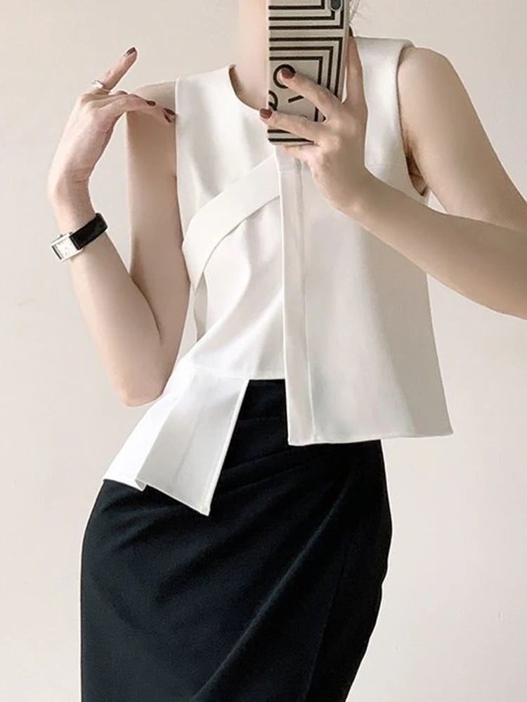 Lunivop  Fashion White Tanks Women Irregular Sexy Slim Sleeveless Tanks Tops Summer Korean Design Female Casual Elegant O Neck Tops