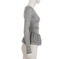 Lunivop  Korean Style Sweet Slant Shoulder Lace Patchwork Ruched Long Sleeve T-Shirts Simple Solid Color Slim Fit Daily Casual Tops