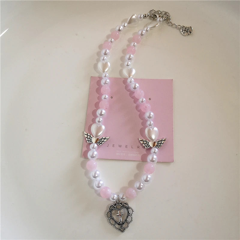 Lunivop Kpop Gothic Y2K Peach Heart Strawberry Bowknot Pendant Bead Choker Necklace For Girl 2000s Y2K EMO Aesthetic Jewelry Accessories