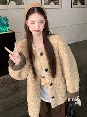 Lunivop  Cute Warm Faux Lamb Coat Women Loose Sweet Preppy Style Winter Jacket Casual O Neck Long Sleeve Vintage Korean Pockets Outwear