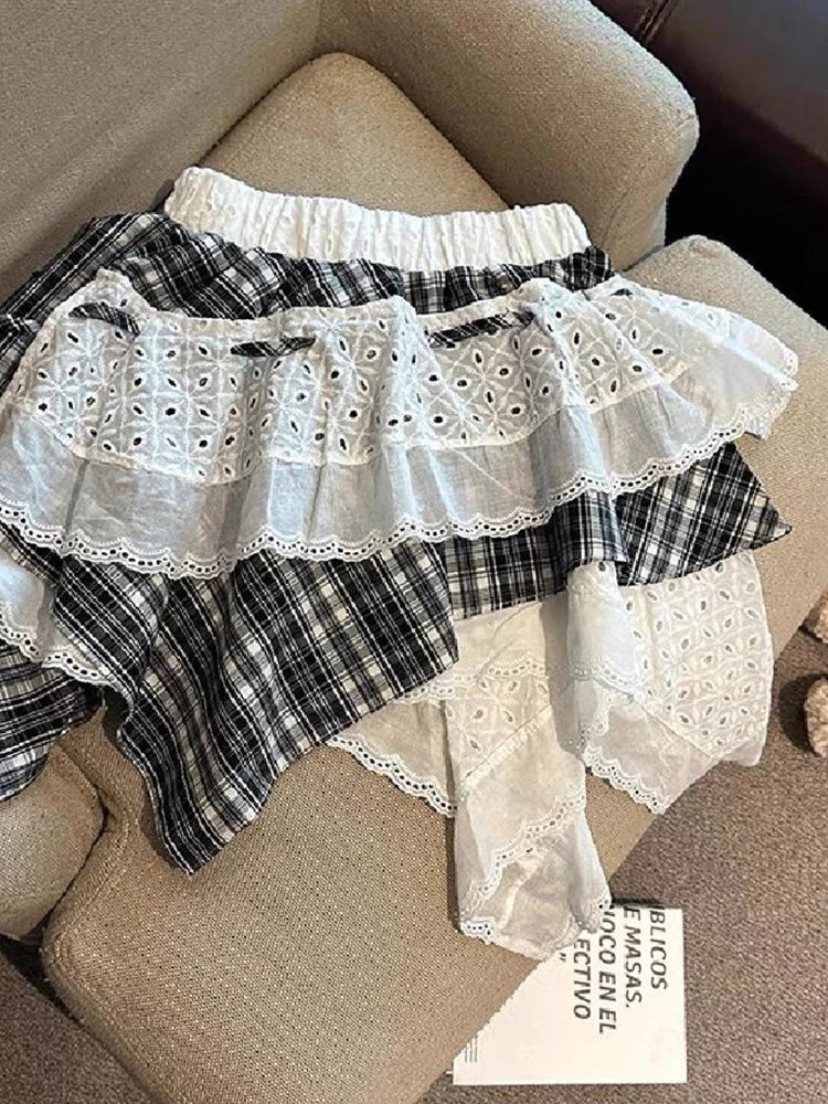 Lunivop  Y2K Plaid Patchwork Skirt Women Vintage Casual High Waist Streetwear Mini Skirts Retro Harajuku American Irregular Skirt