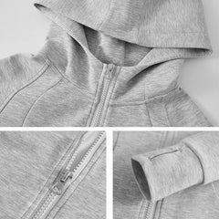 Lunivop  Women Hoodie Zip-up Solid Gray Hooded Sweatshirt Long Sleeve Kangaroo Pocket Sweatshirt Drop Shoulder Cuffed Sleeve Cardigan