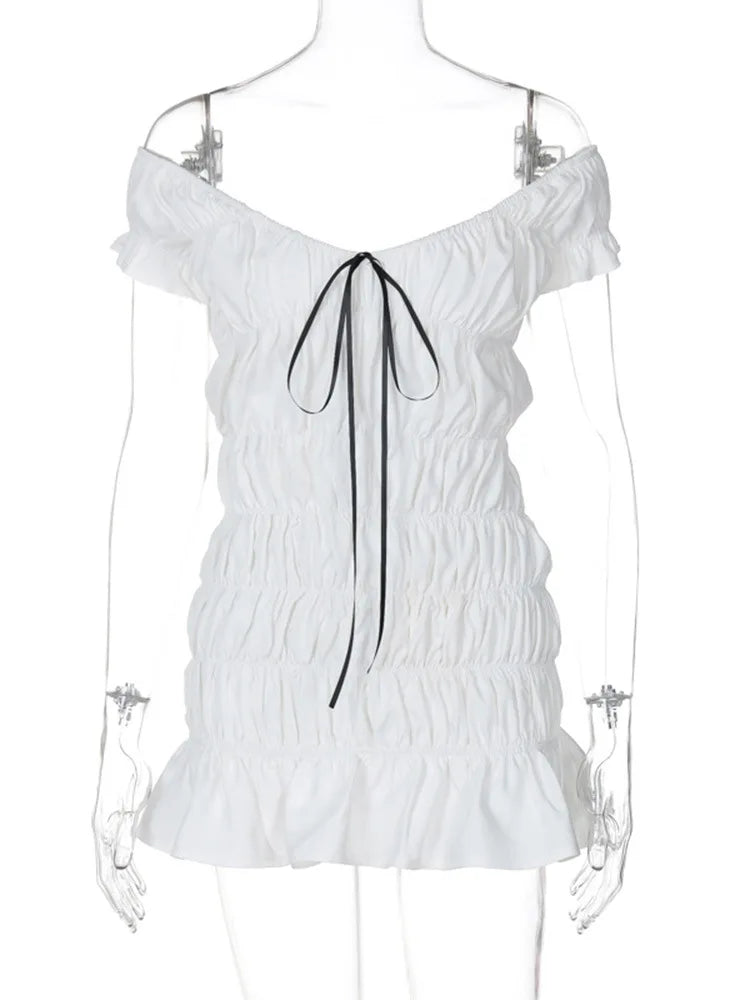 Lunivop Off Theshoulder Popcorn Sleeveelss Ruffles Short Dress 2024 Y2K Streetwear korean Summer Elegant Ladies Casual Clothes