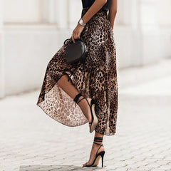 Lunivop  Leopard Skirt for Women Pleated Slit Cut High Waist Long Skirt French Fashion Loose Elegant Elastic Waist Mid-Calf Skirts