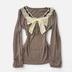 Lunivop  American Elegant Spliced Lace O Neck Bow Design Woemn T Shirts Y2k Aesthetic Vintage Spliced Pleated Clothes Harajuku Punk Tops