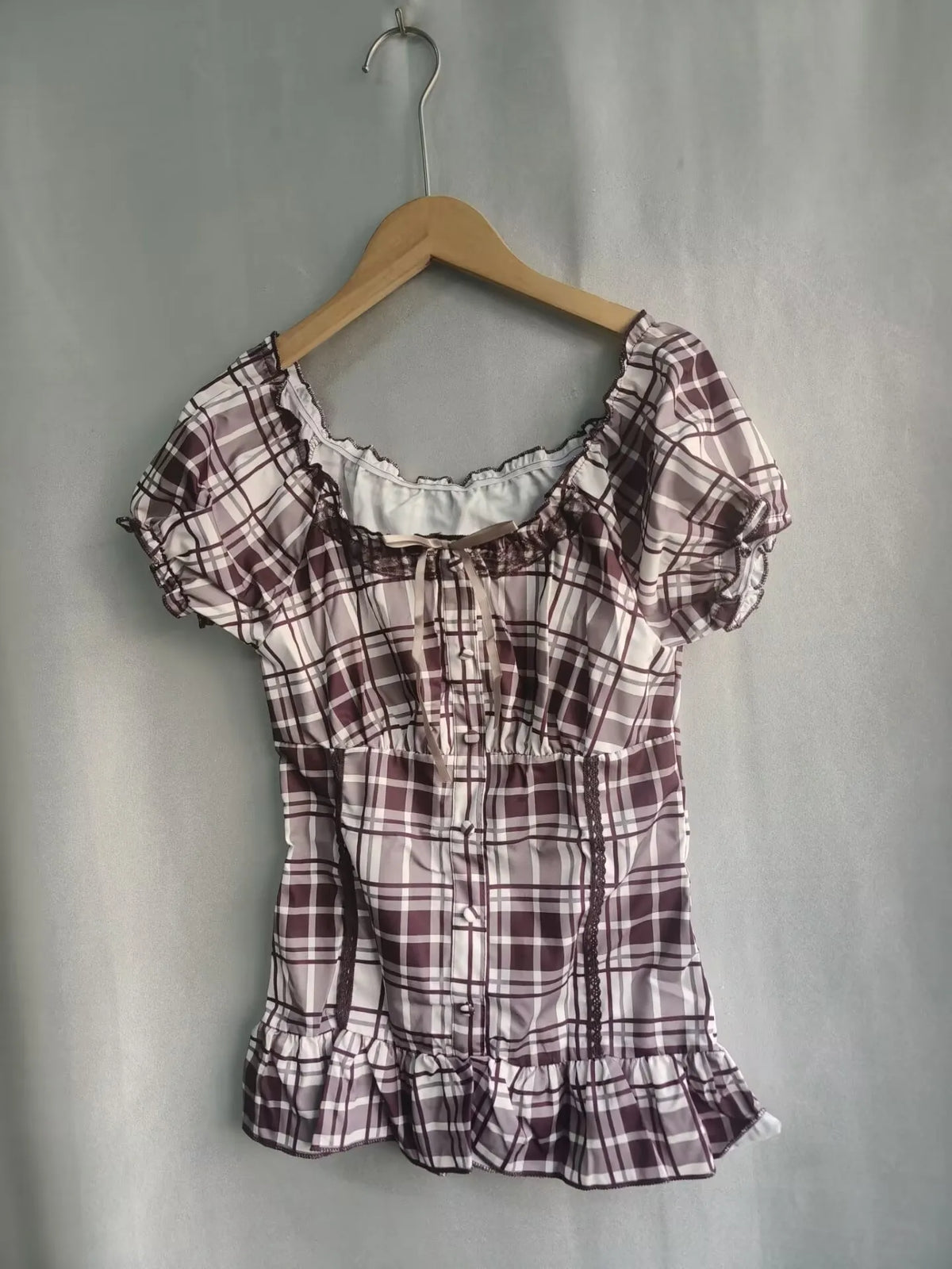 Lunivop  Harajuku Literary O Neck Short Sleeve T Shirt Y2k Fashion Constrast Color Plaid Slim Thin Women Tops Single Breasted Punk Blouse