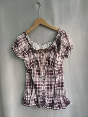Lunivop  Harajuku Literary O Neck Short Sleeve T Shirt Y2k Fashion Constrast Color Plaid Slim Thin Women Tops Single Breasted Punk Blouse