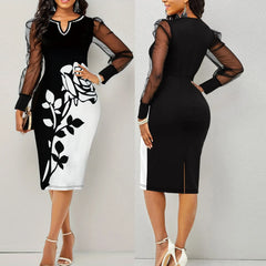 Lunivop  Plus Size Fashionable V-Neck Printed Mesh Paneling Long Sleeve Bodycon Dress Women's Cross-Border Spring Autumn Slim Fit Skir...