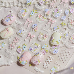 Lunivop  Lace Garden Bowknot Bow Tie Rose Flower Petal Pearl Irregular Border Self Adhesive 5D Nail Art Decoration Sticker Manicure Decal