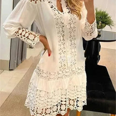 Lunivop  New Autumn Women Casual Dress Fashion Sexy Lace Hollow Solid Shirt Mini Dresses Long Sleeve Holiday Party Robe Femme Vestidos