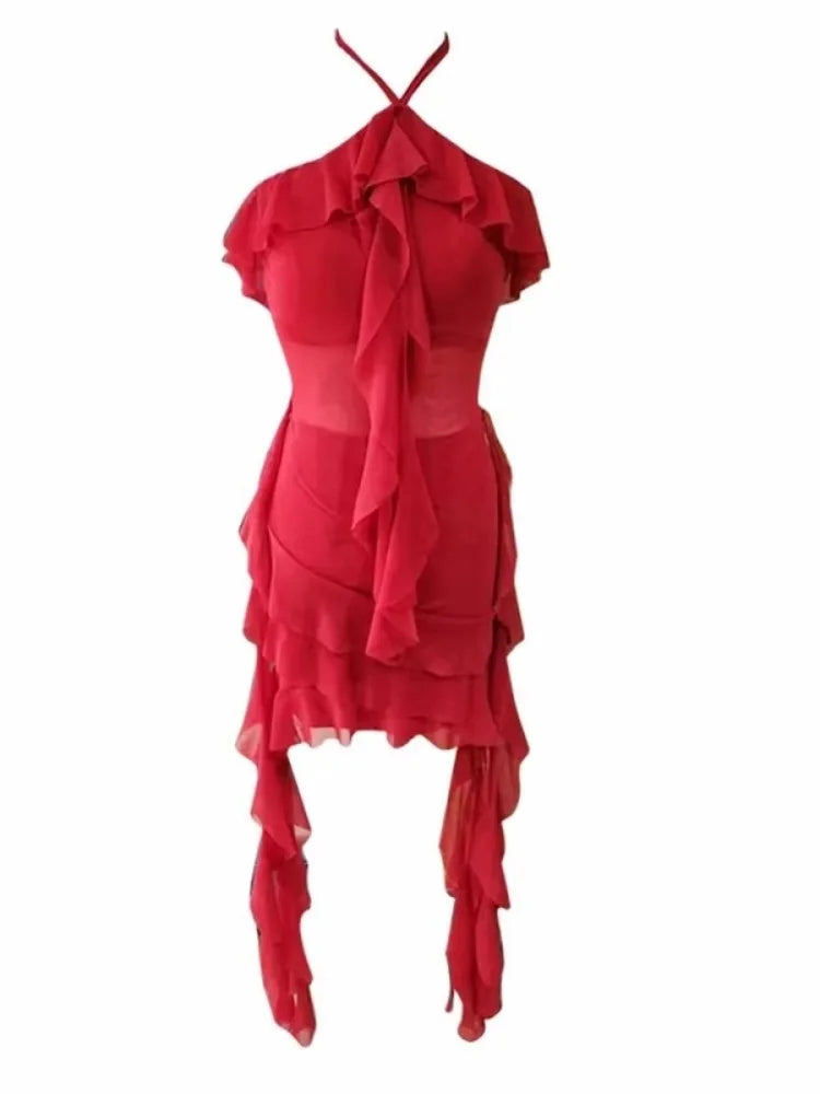 Lunivop  Sexy Dresses Women Irregular Ruffles Sleeveless Halter Mesh Patchwork Slim Backless Elegant Dress Party Female Holiday
