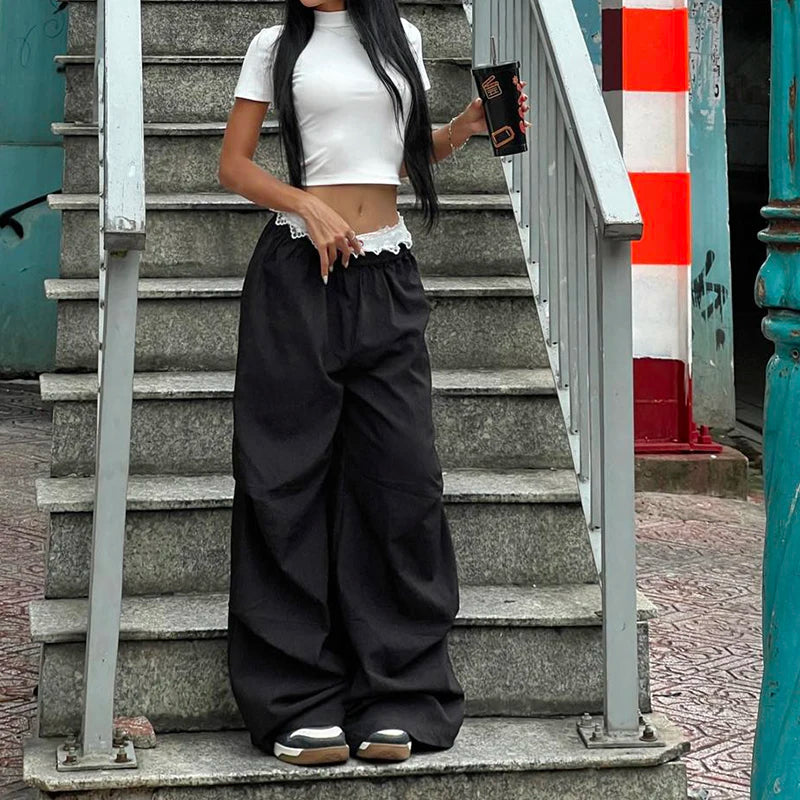 Lunivop  Contrast Lace Stitching Wide Leg Pants Streetwear y2k Low Rise Loose Black Trousers for Women Korean Fashion Baggy Capris