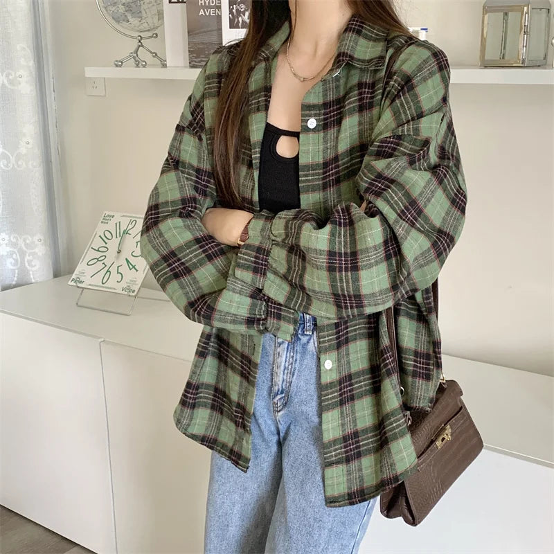 Lunivop Women Tartan Shirt Long Sleeve Collared Button Up Oversized Plaid Shirt Flannel Jacket Grunge Teenage Girl Spring Summer Outfit