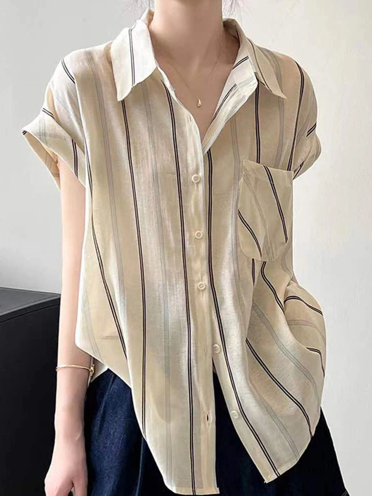 Lunivop Loose Women Striped Shirt Vintage Short Sleeve Casual Pocket Blouse French Retro Simple Female Summer Elegant Sweet Tops