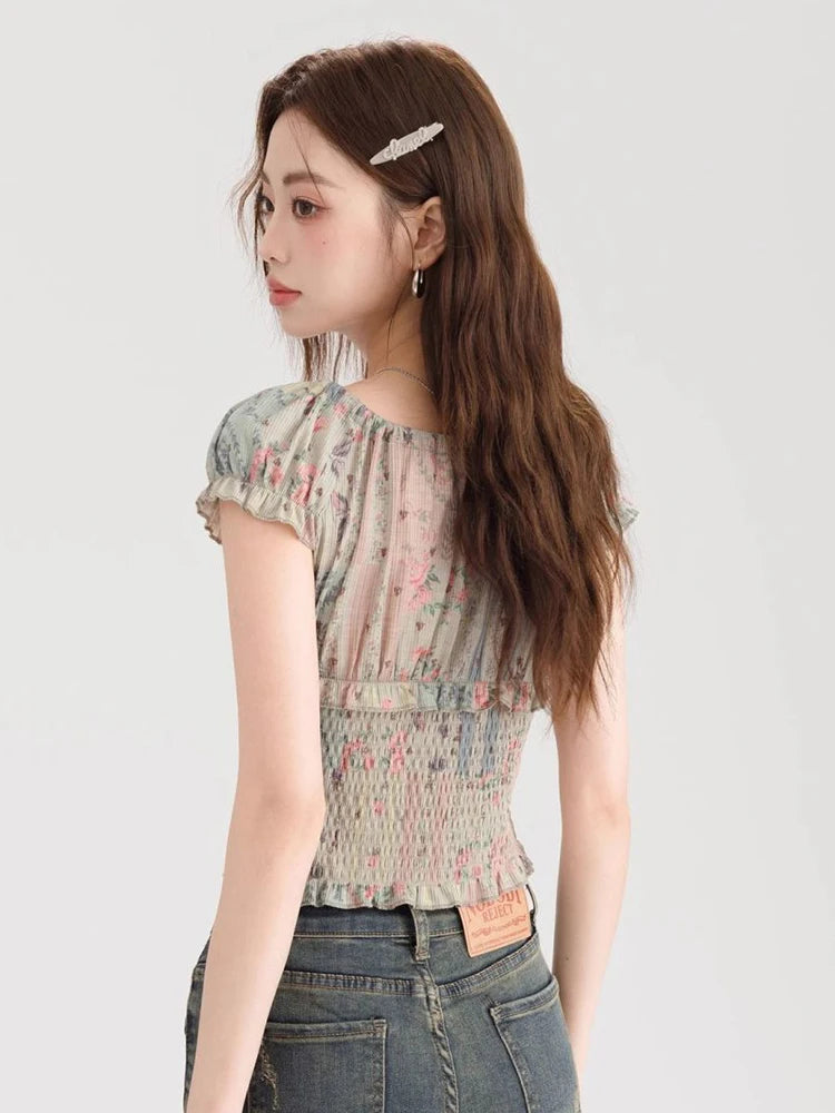 Lunivop Sweet Floral Cropped T Shirt Women Slim Sexy Puffy Sleeve Tees Korean Vintage Square Collar Female Lace Up Tops Summer New