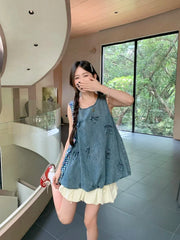 Lunivop Summer New O-neck Backless Bow Splicing Distressed Casual Denim Tank Tops Women + Pleated A-line Skirt Two-piece Suit