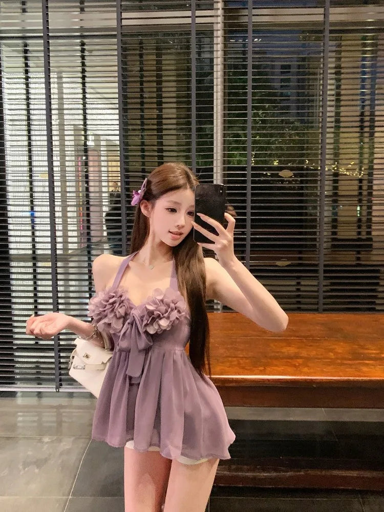Lunivop  Women Camis Flowers Sleeveless Halter V Neck Bandage Sexy Slim Backless Sweet Elegant Tank Tops Female Casual Fashion