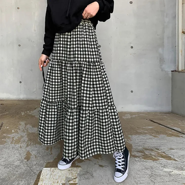 Lunivop Maxi Gingham Skirt Women Ankle Length Cotton-linen Black & White Plaid Elastic Waist Tiered Pleated Long Skirt Ladies falds