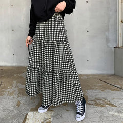 Lunivop Maxi Gingham Skirt Women Ankle Length Cotton-linen Black & White Plaid Elastic Waist Tiered Pleated Long Skirt Ladies falds