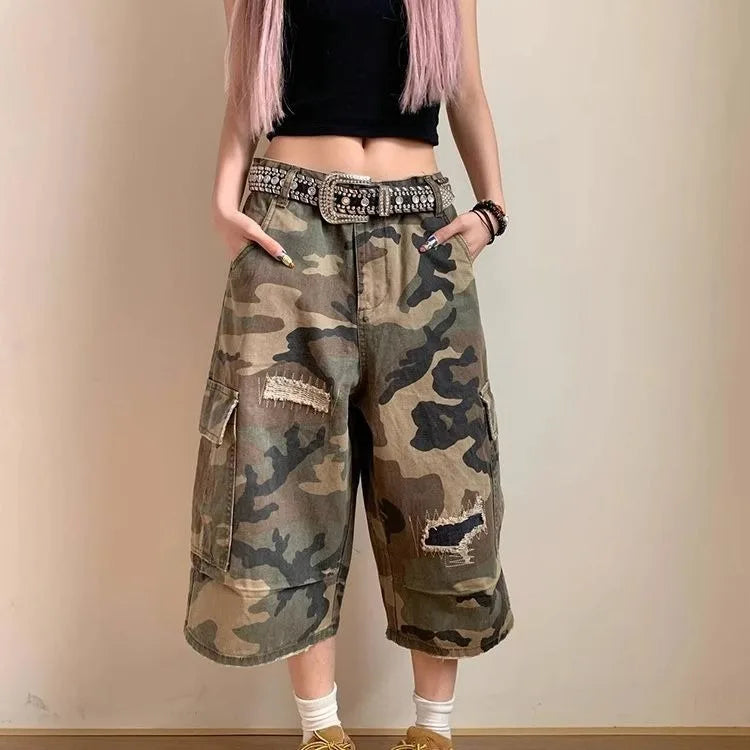 Lunivop  American Vintage Hole Camouflage Shorts 2025 Summer Casual Calf- Length Pants Straight Loose Wide Leg Jeans for Women