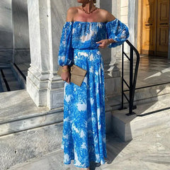 Lunivop   Summer Pattern Printed Dress Lady Sexy Off Shoulder Nine Points Sleeved Summer Casual Hollow Waist Party Dresses