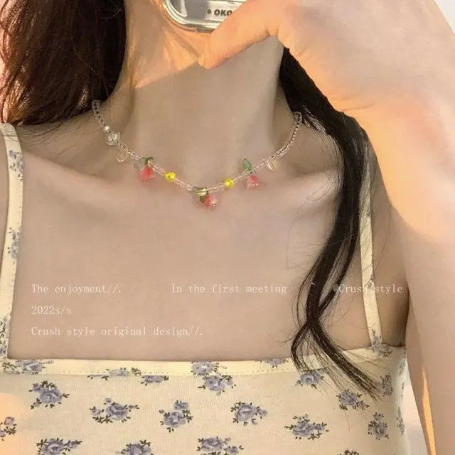 Lunivop New Korea Summer Lovely Colorful Flowers Daisy Transparent Crystal Beading Strand Short Choker Necklace for Women